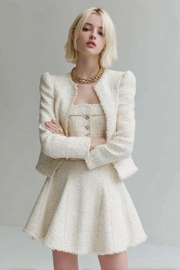 2-Piece White A Line Tweed Skirt Suit